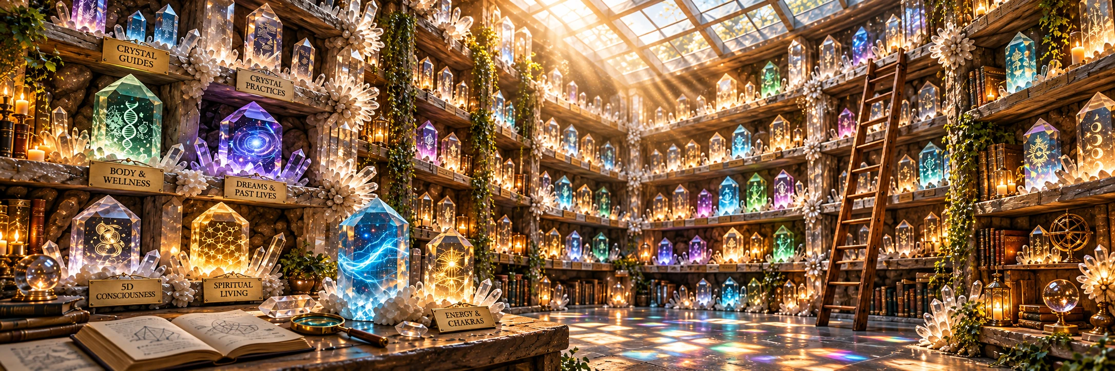 The Crystals Talk crystal library — glowing crystals on shelves with plaques for each of the seven categories